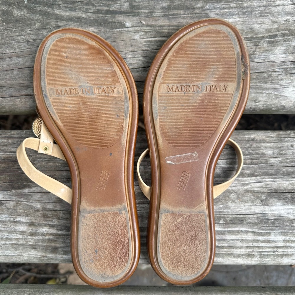 Toscanella Italian Tan Leather Rhinestone Flat Thong Sandals Brown Sz 8.5 Resort - Picture 4 of 6